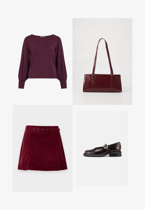 Pull en tricot bordeaux avec un large décolleté, de longues manches ballon et des boutons en accent aux poignets. Texture douce et coupe décontractée.; Jupe en velours côtelé rouge foncé avec une ceinture assortie et des œillets métalliques, présentant une légère forme trapèze et un détail sur le panneau avant.; Chaussure Mary Jane unique brillante couleur bordeaux foncé avec une large bride et une boucle argentée, talon bloc bas et bout arrondi sur fond blanc.; Sac à main bordeaux en matériau brillant, de forme rectangulaire, avec deux anses et des accents légèrement courbés à l'avant.