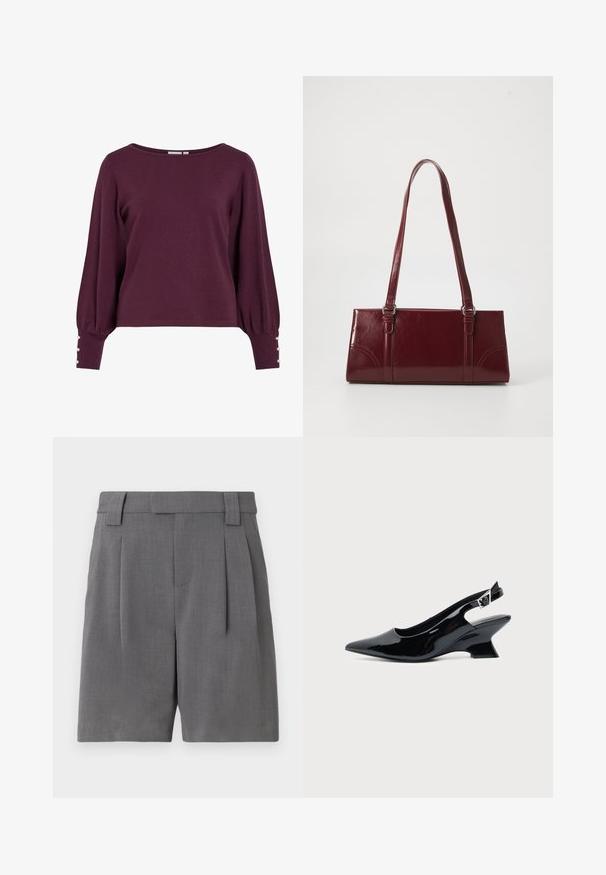 Pull en tricot bordeaux avec un large décolleté, de longues manches ballon et des boutons en accent aux poignets. Texture douce et coupe décontractée.; Shorts taillés gris, fabriqués dans un tissu à texture fine. Présentent des plis avant, des passants de ceinture et des poches latérales pour un look structuré.; Chaussure slingback en cuir verni noir avec bout pointu et petit talon bloc incliné sur fond clair uni.; Sac à main bordeaux en matériau brillant, de forme rectangulaire, avec deux anses et des accents légèrement courbés à l'avant.