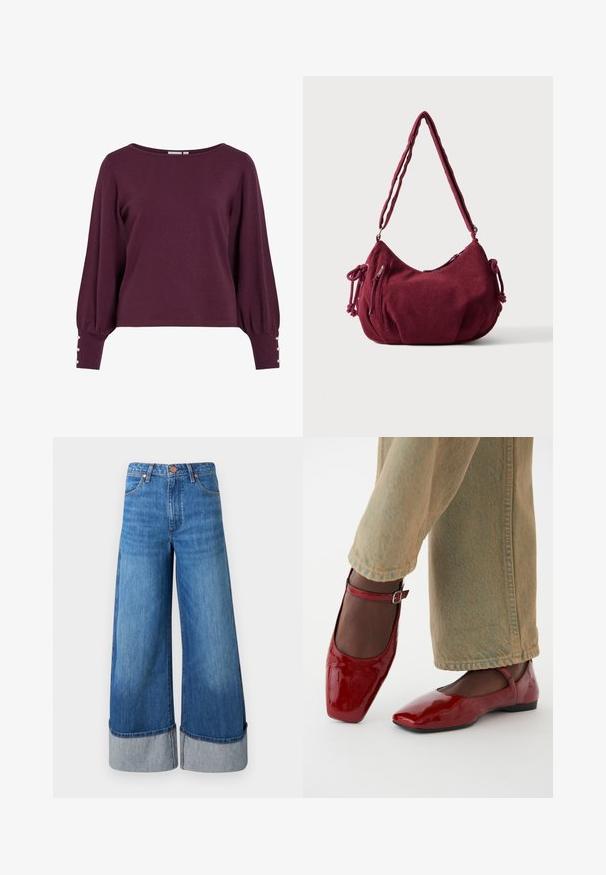 Pull en tricot bordeaux avec un large décolleté, de longues manches ballon et des boutons en accent aux poignets. Texture douce et coupe décontractée.; Jeans en denim à jambes larges de couleur bleu moyen. Présentent une taille haute, des ourlets retroussés en denim plus clair, et un design classique à cinq poches avec des accents en métal.; Chaussures en cuir verni rouge avec un bout carré, un petit talon et une sangle de cheville, associées à un jean large vert clair. Texture lisse, surface réfléchissante.; Sac d'épaule en velours côtelé bordeaux doux avec une sangle réglable, fermeture éclair, liens latéraux et une poche avant zippée.