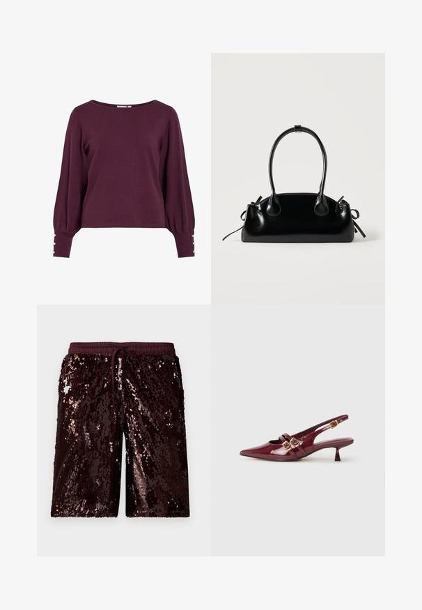 Pull en tricot bordeaux avec un large décolleté, de longues manches ballon et des boutons en accent aux poignets. Texture douce et coupe décontractée.; Shorts en sequins bordeaux avec une taille élastique et un cordon de serrage ajustable. Présentent une surface brillante et texturée avec des sequins réfléchissants.; Chaussure slingback en cuir verni bordeaux avec un bout pointu, deux brides plates avec des boucles dorées, et un petit talon.; Petit sac à main noir brillant avec deux longues anses et des détails à cordon sur les côtés sur un fond clair uni.