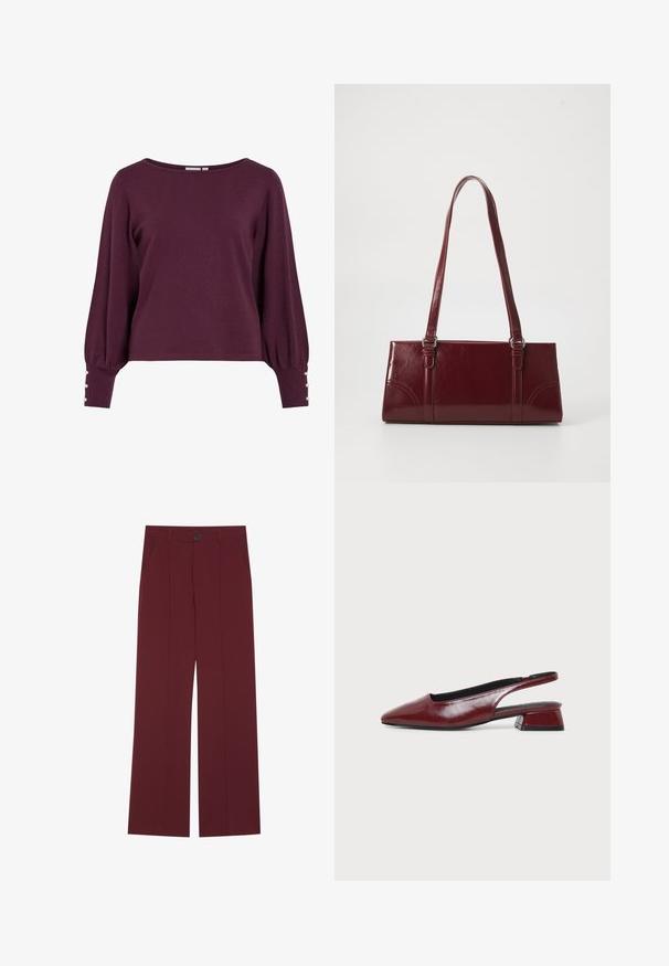 Pull en tricot bordeaux avec un large décolleté, de longues manches ballon et des boutons en accent aux poignets. Texture douce et coupe décontractée.; Pantalons bordeaux avec une coupe évasée, dotés d'une fermeture à bouton, de deux poches latérales et de détails plissés à l'avant. Texture de tissu lisse.; Chaussure slingback en cuir marron avec bout pointu et petit talon carré, vue de profil sur fond clair uni.; Sac à main bordeaux en matériau brillant, de forme rectangulaire, avec deux anses et des accents légèrement courbés à l'avant.