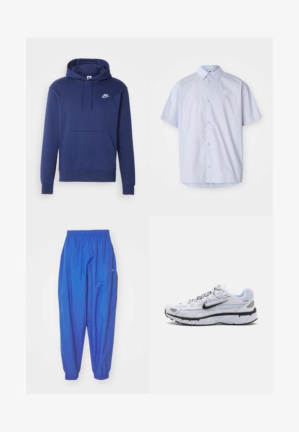 Navyblauwe hoodie van zacht materiaal met een voorzak, trekkoordkap en een klein wit Nike-logo op de borst.; Lichtblauw overhemd met korte mouwen, gemaakt van gladde stof, met een knoopsluiting en een klein wit Nike-logo op de borst.; Blauwe sportbroek van lichtgewicht stof, met een elastische tailleband, manchetachtige hemden en witte zijstrepen.; Witte hardloopschoen met een bovenkant van mesh, ronde neus, zwarte accenten en een geëtst zool. Kenmerken van veters en branding aan de zijkant.