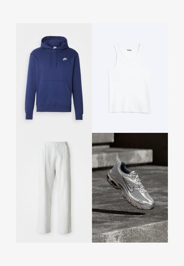 Navyblauwe hoodie van zacht materiaal met een voorzak, trekkoordkap en een klein wit Nike-logo op de borst.; Wit mouwloos hemdje met ronde hals en Weekday-merklabel aan de binnenkant van de achterkraag, plat weergegeven op een lichte achtergrond.; Witte casual broek met een elastische tailleband en grote voorzakken, weergegeven op een effen lichte achtergrond.; Zilveren en grijze Nike hardloopschoen zwevend in de lucht boven betonnen traptreden, met zichtbare mesh bovenkant en gedempte zool details.