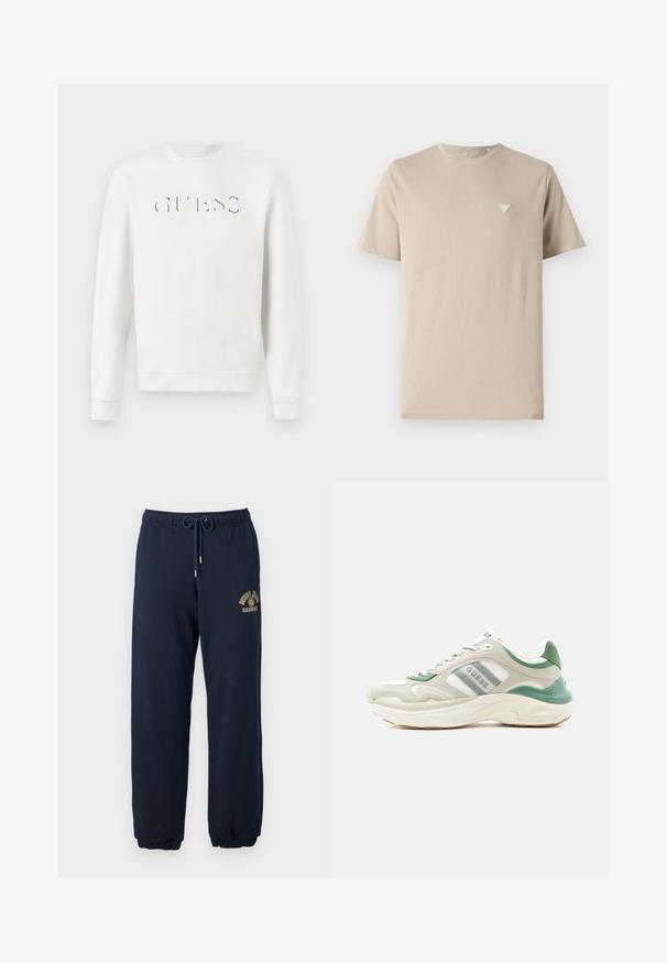 Valkoinen pitkähihainen crewneck-sweatshirt, jossa on kohotetulla logolla "GUESS EST. 1981" rinnassa, esitettynä yksinkertaisella valkoisella taustalla.; Beige puuvillatee, millel on lühikesed varrukad, ümmargune kaelus ja väike kolmnurkne logo tikandina vasakul rinnal. Sile tekstuur.; Tummansiniset collegehousut, jotka on valmistettu puuvillasekoitteesta, joustavalla vyötäröllä ja säädettävällä nauhalla; sisältää kultaisen logon reidessä.; Matala beige ja vihreä tennari, jossa valkoinen pohja, sivun logoviirut ja tekstuuri, kallistettuna vasemmalle valkoisella taustalla.