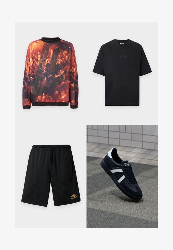 Sudadera con estampado gráfico de una multitud borrosa en un concierto, con manos levantadas y una cálida iluminación en tonos naranja-rojizos.; Camiseta negra de manga corta con cuello redondo, con un sutil logo de Umbro en relieve centrado en el pecho.; Bermudas deportivas negras con un sutil patrón de cuadros, cinturilla elástica con cordón, logo de Umbro dorado en la parte inferior de la pierna y franjas doradas en los lados.; Zapatilla de cuero negra con rayas blancas, suela de goma texturizada y parte frontal con cordones. Cuenta con una etiqueta de marca en la lengüeta.