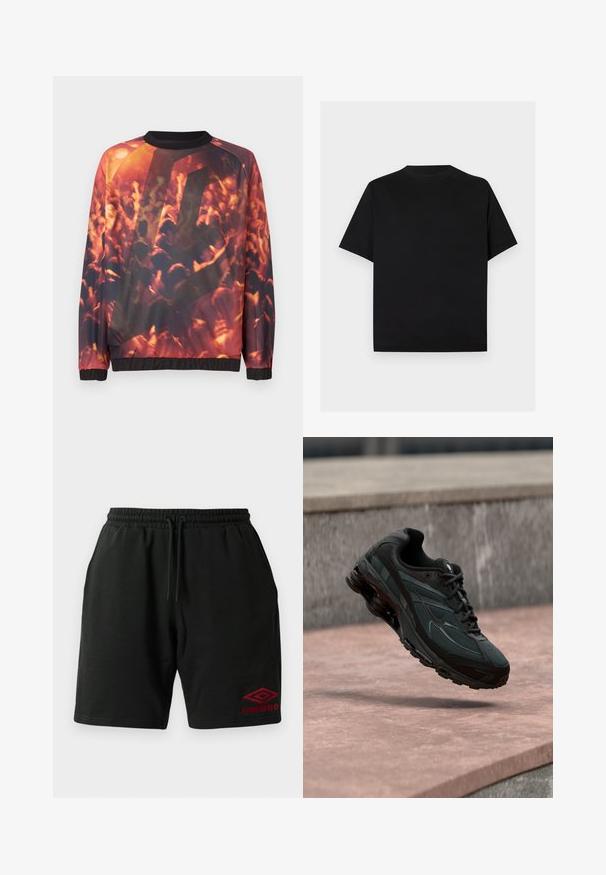 Sudadera con estampado gráfico de una multitud borrosa en un concierto, con manos levantadas y una cálida iluminación en tonos naranja-rojizos.; Camiseta negra lisa de manga corta y cuello redondo mostrada sobre un fondo gris claro.; Shorts negros con cordón y bolsillos laterales, con el logo de Umbro bordado en rojo en la parte inferior de la pierna izquierda.; Zapatilla deportiva negra con entresuela visible con amortiguación de aire que flota sobre una superficie de piedra rosa con un fondo de pared de piedra gris.