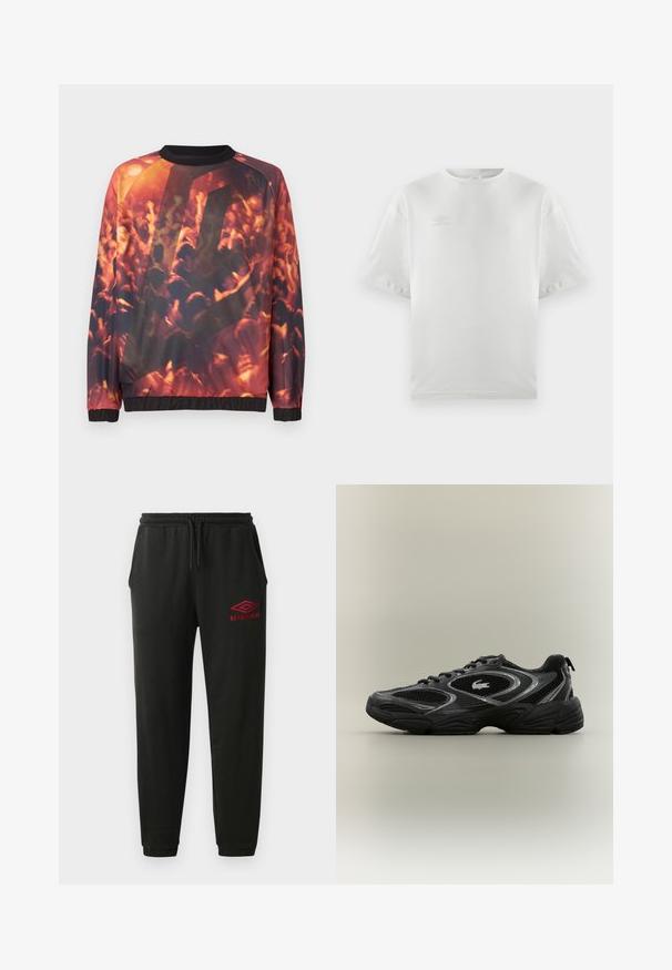 Sweatshirt med grafisk tryk af en sløret menneskemængde til en koncert, der viser hævede hænder og varm orange-rød belysning.; Hvid bomulds t-shirt med korte ærmer, rund hals og diskret logo trykt i lys grå på brystet; glat tekstur og afslappet pasform.; Sorte sweatpants med elastisk talje og manchetter, sidelommer og rødt Umbro-logo på venstre lår.; Sort og grå atletisk sneaker med mesh-paneler, snørebåndsdesign, tyk sål og et lille krokodillelogo på siden.