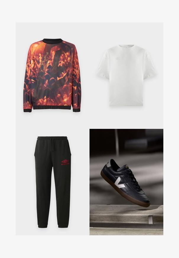 Sudadera con estampado gráfico de una multitud borrosa en un concierto, con manos levantadas y una cálida iluminación en tonos naranja-rojizos.; Camiseta de algodón blanca con mangas cortas, cuello redondo y un logo sutil impreso en gris claro en el pecho; textura suave y corte relajado.; Pantalones de chándal negros con cintura y puños elásticos, bolsillos laterales y logo rojo de Umbro en el muslo izquierdo.; Zapatilla de piel negra con logo V blanco, parte superior con cordones, detalles perforados y suela de goma marrón; diseño elegante con acentos mínimos.