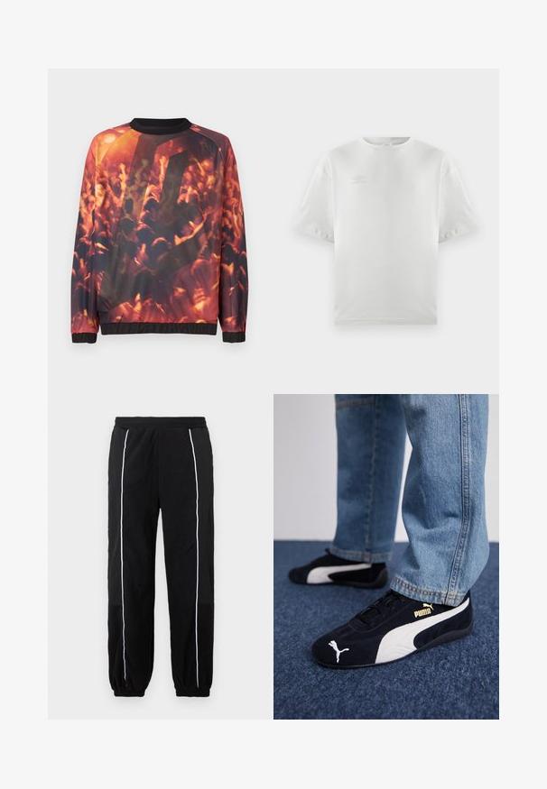 Sweatshirt avec impression graphique d'une foule floue lors d'un concert, mettant en avant des mains levées et une lumière chaude orange-rouge.; T-shirt en coton blanc à manches courtes, col rond, avec un logo subtil imprimé en gris clair sur la poitrine ; texture lisse et coupe décontractée.; Pantalons de survêtement noirs avec des rayures blanches sur les côtés, taille élastique et poignets. Fabriqué à partir d'un tissu doux et texturé pour le confort et la flexibilité.; Baskets en daim noir avec accents blancs, arborant un logo doré. Portées avec un jean en denim bleu clair et posées sur une surface bleue texturée.