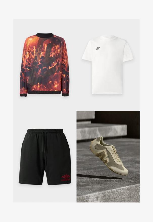 Sweatshirt mit grafischem Druck einer verschwommenen Menge bei einem Konzert, mit erhobenen Händen und warmem orange-rotem Licht.; Weißes T-Shirt mit kurzen Ärmeln und schwarzem Umbro-Logo auf der linken Brust, Rundhalsausschnitt, schlichtes Design, auf hellem Hintergrund präsentiert.; Schwarze Shorts mit Kordelzug, seitlichen Taschen und rotem Umbro-Logo, das am linken Bein unten gestickt ist.; Beiger Sportschuh mit einer strukturierten Seitenpartie, Schnürsenkeln und rundlicher Zehenpartie, schwebend über einer Betonfläche mit kontrastreichen Schatten.