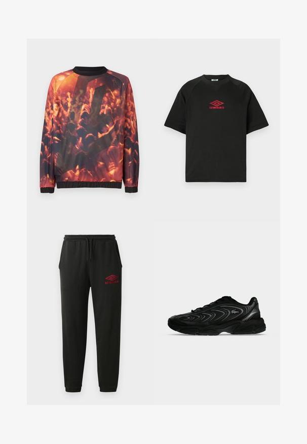 Sweatshirt med grafisk tryk af en sløret menneskemængde til en koncert, der viser hævede hænder og varm orange-rød belysning.; Sort kortærmet crewneck skjorte med rødt Umbro logo centreret på brystet mod en ensfarvet hvid baggrund.; Sorte sweatpants med elastisk talje og manchetter, sidelommer og rødt Umbro-logo på venstre lår.; Sort atletiksneaker med bølgeagtige mønstre og en lille krokodille-logo på siden, vist på en ensartet lysegrå baggrund.