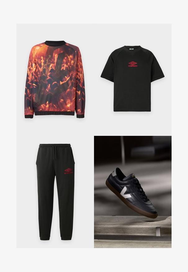 Sweatshirt med grafisk tryk af en sløret menneskemængde til en koncert, der viser hævede hænder og varm orange-rød belysning.; Sort kortærmet crewneck skjorte med rødt Umbro logo centreret på brystet mod en ensfarvet hvid baggrund.; Sorte sweatpants med elastisk talje og manchetter, sidelommer og rødt Umbro-logo på venstre lår.; Sort lædersneaker med hvid V-logo, snørebånd foran, perforerede detaljer og brunt gummisål; slankt design med minimale accenter.