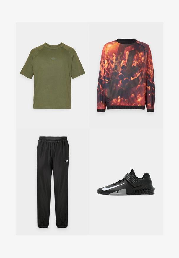 Sweatshirt mit grafischem Druck einer verschwommenen Menge bei einem Konzert, mit erhobenen Händen und warmem orange-rotem Licht.; Olivenfarbene kurzärmlige T-Shirt aus Baumwolle mit einem runden Halsausschnitt und einem kleinen grauen Logo auf der Brustmitte. Glatte Textur.; Schwarze Umbro Trainingshose mit elastischem Bund, seitlichen Taschen, schmal zulaufenden Beinen und Logo auf dem rechten Oberschenkel vor einem weißen Hintergrund.; Schwarze Sportschuhe mit einem eleganten Design, ausgestattet mit einem auffälligen weißen Nike-Logo, strukturierten Overlay und einer markanten, geformten Sohle.