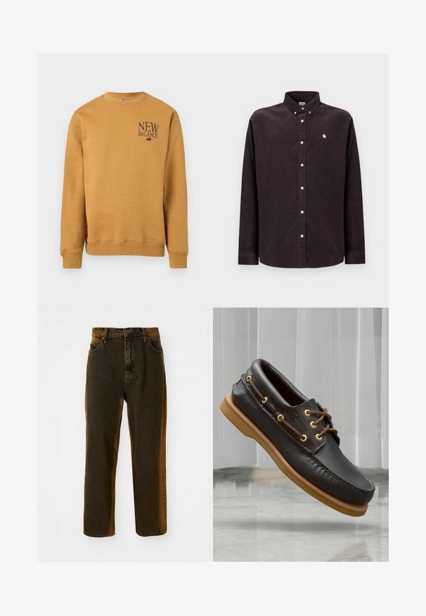 Senfgelbes Sweatshirt mit langem Arm und Rundhalsausschnitt, mit dem "New Balance"-Logo in dunkler Schrift auf der oberen linken Brust.; Dunkelbraunes Cordhemd mit Button-Down-Kragen, langen Ärmeln, weißen Knöpfen und einem kleinen Logo auf der linken Brust.; Dunkelbraune gerade geschnittene Denim-Jeans mit Vorderknopf und Reißverschluss, Gürtelschlaufen sowie vorderen und hinteren Taschen.; Braune Lederbootschuhe mit einem gepolsterten Design, gelben Ösen, braunen Schnürsenkeln und einer sandfarbenen Gummisohle; mit aufwendigen Ziernähte.