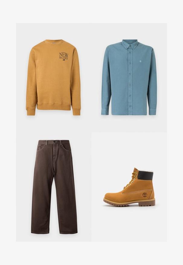 Sweatshirt à manches longues couleur jaune moutarde avec col ras du cou, arborant le logo "New Balance" en lettres foncées sur la partie supérieure gauche de la poitrine.; Chemise bleu clair à manches longues, avec un col pointu et un petit logo sur la poitrine gauche. Fabriquée en tissu doux et lisse.; Pantalons larges marron en coton, avec un design classique à cinq poches, une fermeture éclair et des détails de couture visibles.; Bottine en cuir brun avec œillets en métal, doublure en fourrure blanche, col rembourré noir, semelle robuste et logo en relief sur le côté.