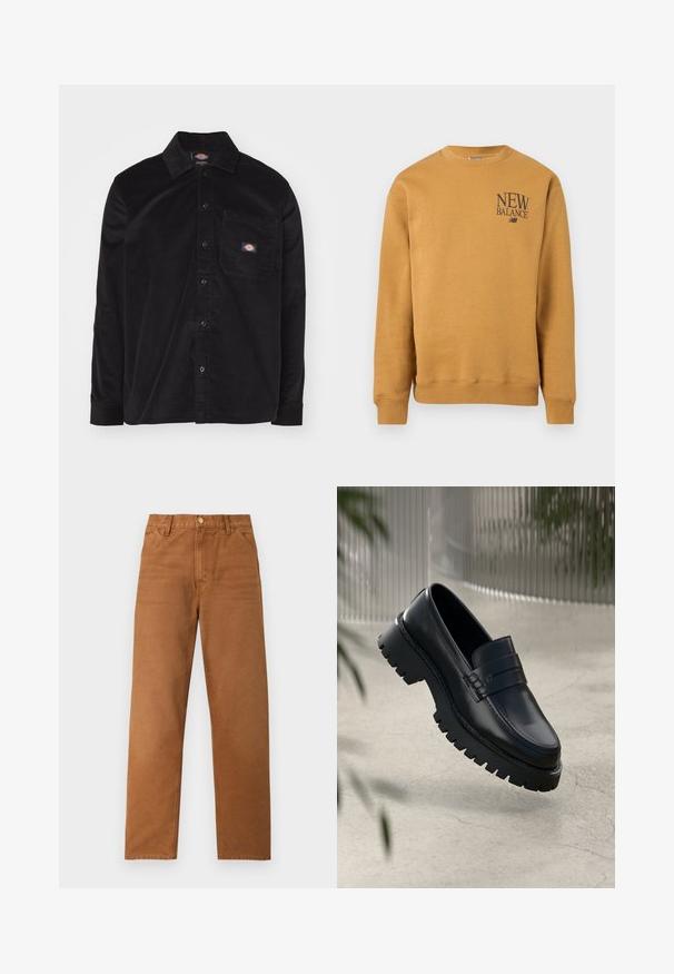 Sennepsgul langærmet crewneck-sweatshirt med "New Balance"-logo i mørke bogstaver på den øverste venstre bryst.; Sort corduroy skjorte med knap-ned krave, lange ærmer, forlommek og logo patch. Har et struktureret stof mønster.; Brune bukser med lige ben, bæltestropper, forlommer og knaplukning, vist på en ensartet lys baggrund.; Sorte læder loafers med en chunky sål, der har en dekorativ rem og syninger. Glat tekstur med en poleret overflade.