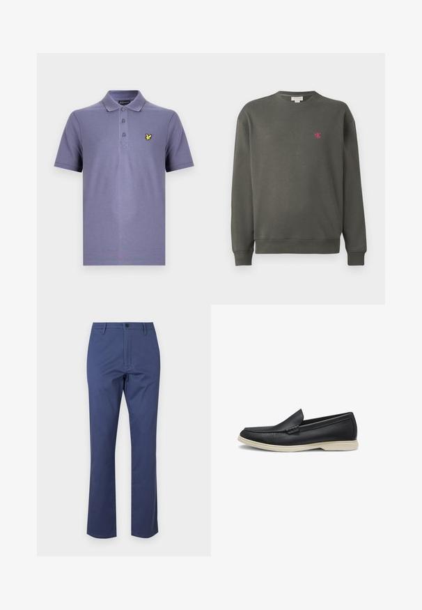 Sudadera de cuello redondo de color verde oscuro, hecha de algodón. Presenta un pequeño logo 'ck' en rosa en el lado izquierdo del pecho y puños y dobladillo de canalé.; Camisa tipo polo púrpura con una tapeta de tres botones, mangas cortas y un pequeño logo de un pájaro amarillo en el lado izquierdo del pecho. Tejido de mezcla de algodón.; Pantalones de algodón azul marino con cremallera, bolsillos frontales y un diseño de pierna recta. Textura suave con un cierre de botón en la cintura.; Mocasín negro de cuero sin cordones con punta redondeada y suela de goma beige claro, mostrado de perfil sobre fondo blanco.