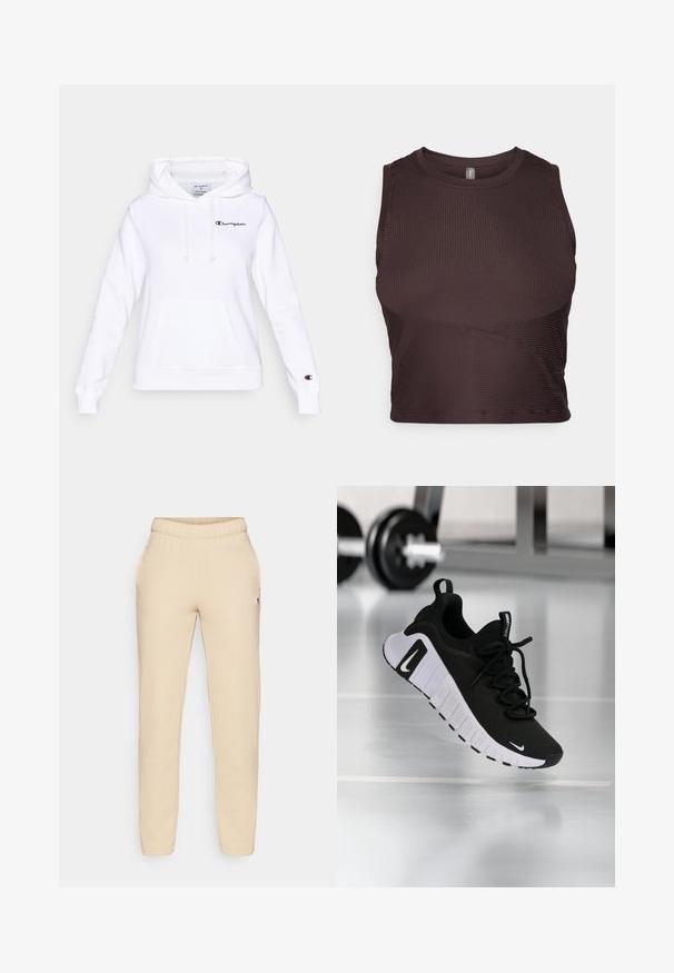 Weißer Hoodie aus Baumwollmischung mit Kängurutasche, Kapuze mit Kordelzug und Logo-Stickerei auf Brust und Ärmel.; Dunkelbraunes, geripptes Crop-Top mit breiten Trägern, rundem Ausschnitt und nahtlosem Design. Verfügt über eine figurbetonte Silhouette und dehnbare Stoffe für maximalen Komfort.; Beige Baumwoll-Jogginghose mit elastischem Bund, seitlichen Taschen und einem kleinen Logo-Patch am linken Bein. Glatte Textur und schmal geschnitten.; Schwarzer Sportschuh mit strukturiertem Stoffobermaterial, weißer Sohle und auffälligem Schnürsystem. Verfügt über ein Nike-Logo und ein weiches, gepolstertes Design.