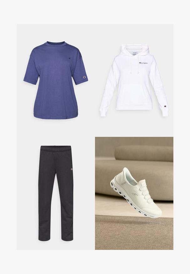 Sudadera blanca con capucha, hecha de mezcla de algodón, con bolsillo tipo canguro, capucha con cordón y bordado del logo en el pecho y la manga.; Camiseta de algodón morada de cuello redondo y manga corta, que presenta un pequeño logo en el pecho y un parche del logo en la manga.; Pantalones jogger de algodón negro con cintura elástica y un pequeño logo en el lateral. Textura suave, diseño entallado, sin patrones adicionales.; Zapatillas blancas con empeine de malla texturizada, cordones elásticos y suela acolchada. Diseño ligero con amortiguación visible de aire en la suela.