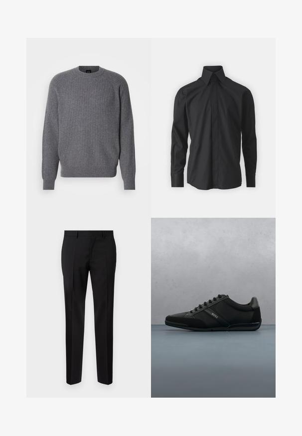 Grå ribbet strikket langærmet sweater med rund halsudskæring og ribbede manchetter, vist på en enkel hvid baggrund.; Sort langærmet skjorte, knaplukning foran, klassisk krave, glat tekstur, med subtile stikninger og manchetter med knapper.; Sorte skræddersyede bukser lavet af glat stof, med lige ben, raffinerede folder og en klassisk talje med bæltestropper.; Sort sporty sko med en blanding af glatte og strukturerede materialer, der har en rund tå, snørebåndsdesign og subtil branding på siden.