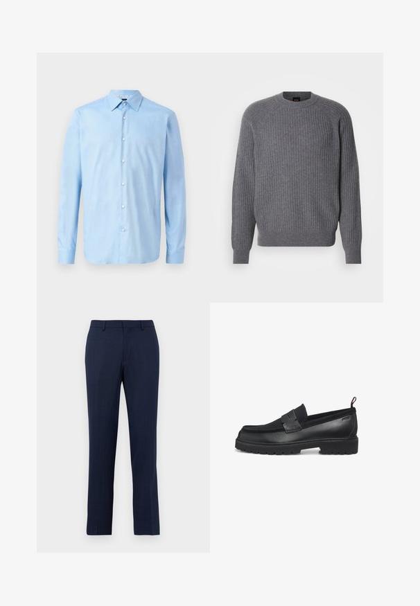 Suéter de punto acanalado gris de manga larga con cuello redondo y puños acanalados, presentado sobre un fondo blanco liso.; Camisa azul claro de manga larga con botones, fabricada en un tejido suave. Presenta un cuello clásico y una tapeta delantera con botones blancos.; Pantalones de corte entallado en azul marino con pasadores para cinturón, cierre frontal con cremallera y ajuste recto sobre un fondo blanco liso.; Mocasines negros con cuerpo de cuero liso, suela de goma y detalles texturizados en la parte superior. Presentan un ribete cosido y diseño sin cordones.