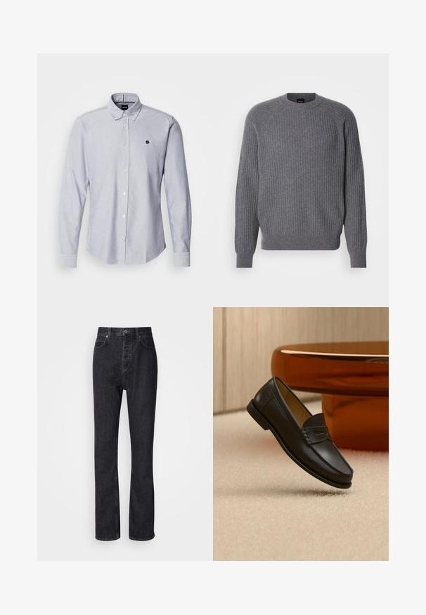 Grå ribbet strikket langærmet sweater med rund halsudskæring og ribbede manchetter, vist på en enkel hvid baggrund.; Lyseblå skjorte med lange ærmer, lavet af et struktureret stof. Har et lille logo på venstre bryst og standard manchetter.; Høj talje sorte denim jeans med knap- og lynlåsåbning, for- og baglommer samt lige ben.; Sort læder loafer-sko hængende over beige tæppe med ravfarvet moderne møblement i baggrunden.