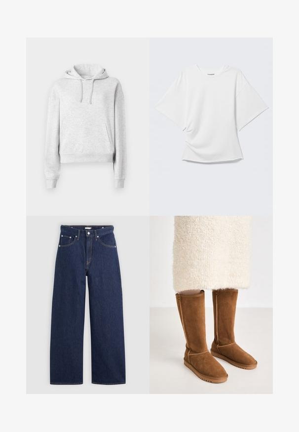 Lichtgrijze hoodie met lange mouwen, voorzak, trekkoord in de capuchon, geribde boorden en zoom, weergegeven op een effen witte achtergrond.; Wit oversized T-shirt met korte mouwen en ronde hals, weergegeven op een lichtgrijze achtergrond.; Donkerblauwe denim wijde broek met een hoge taille, voorzien van vijf zakken, riemlussen en details van koperkleurig stiksel. Gladde textuur.; Knee-high bruine suède laarzen met een gladde textuur, voorzien van zijstiksels en een rubberen zool voor grip.