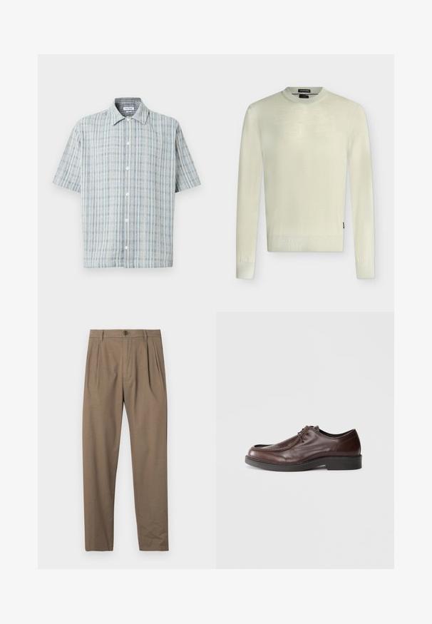 Pull crème à manches longues et col rond, en laine mérinos fine, avec poignets et ourlet côtelés, présenté sur un fond uni.; Chemise à manches courtes à boutons avec un motif à carreaux bleu et blanc, col évasé et boutons blancs sur le devant.; Pantalons plissés marron en tissu doux, dotés d'une fermeture éclair et d'un bouton à l'avant, avec une coupe droite et une texture lisse.; Chaussure habillée en cuir marron avec un bout arrondi, des accents de couture minimum, et une semelle noire robuste. Présente un système de laçage et une texture lisse.