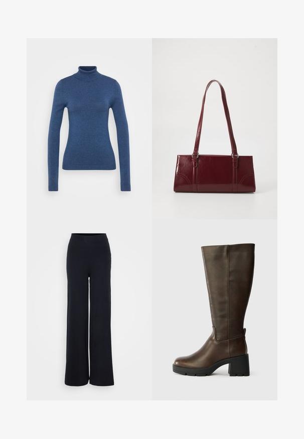 Blå turtleneck sweater lavet af blødt strikmateriale. Tætsiddende design med lange ærmer og ribbede manchetter og nederste kant. Ensartet tekstur.; Sorte ribbede bukser med bred benvidde, struktureret finish og elastisk talje, som har en afslappet pasform og ingen synlig hardware.; Brune læder knæhøje støvler med en kraftig sort hæl og struktureret finish. Har en rund tå og diskret sømdetaljering på siden.; Bordeaux håndtaske lavet af glansfuldt materiale, rektangulær form, med to skulderremme og subtile buede detaljer på forsiden.