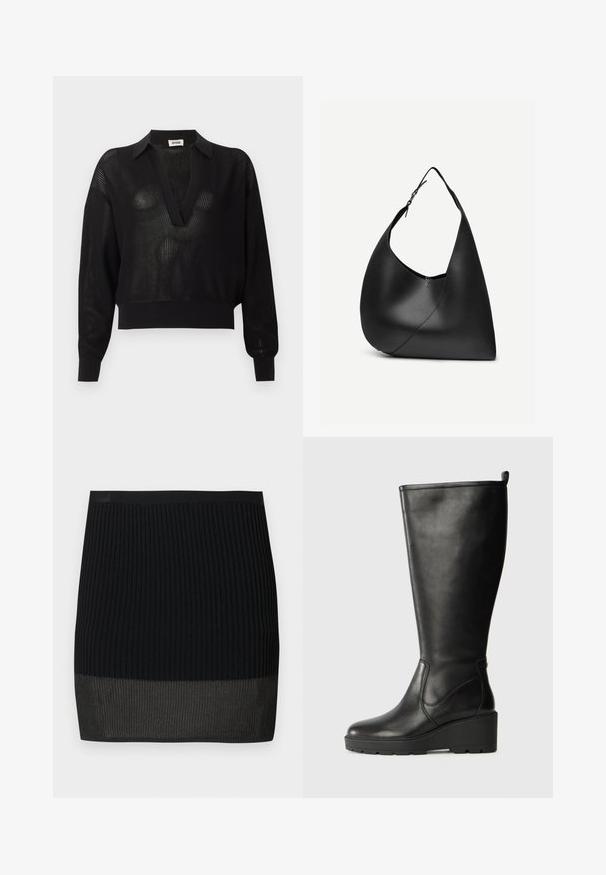 Suéter negro de punto con mangas largas, cuello en V profundo y puños y dobladillo acanalados, con una textura de malla semitransparente en todo el tejido.; Minifalda de punto negro acanalado con una banda inferior de contraste en un tono ligeramente más claro, con una silueta ajustada y cinturilla elástica.; Botín negro de cuero hasta la rodilla con suela de cuña, textura suave, diseño sin costuras y una pequeña pestaña en la parte superior para facilitar su uso.; Bolso de hombro de cuero negro con forma triangular curva, una única correa ajustable y una costura diagonal visible en el frente.