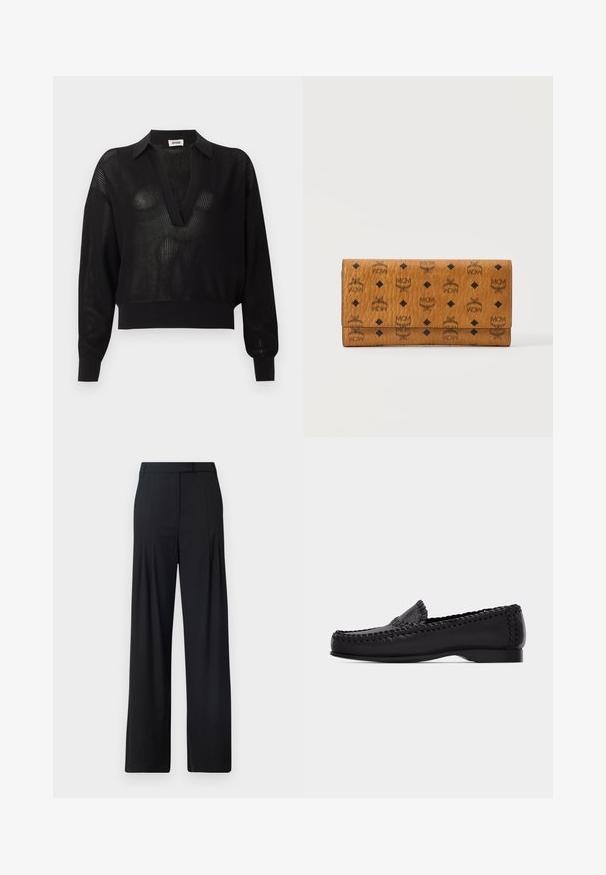 Suéter negro de punto con mangas largas, cuello en V profundo y puños y dobladillo acanalados, con una textura de malla semitransparente en todo el tejido.; Pantalones de pierna ancha negros con frente plano, pliegues y cinturilla ajustada. Fabricados con una tela suave y ligera.; Mocasín de cuero negro con costura tejida a lo largo de los bordes y tacón bajo, mostrado de perfil sobre un fondo claro y sencillo.; Cartera de cuero marrón con logotipos negros de MCM, emblemas alados y patrones de diamantes sobre un fondo blanco liso.