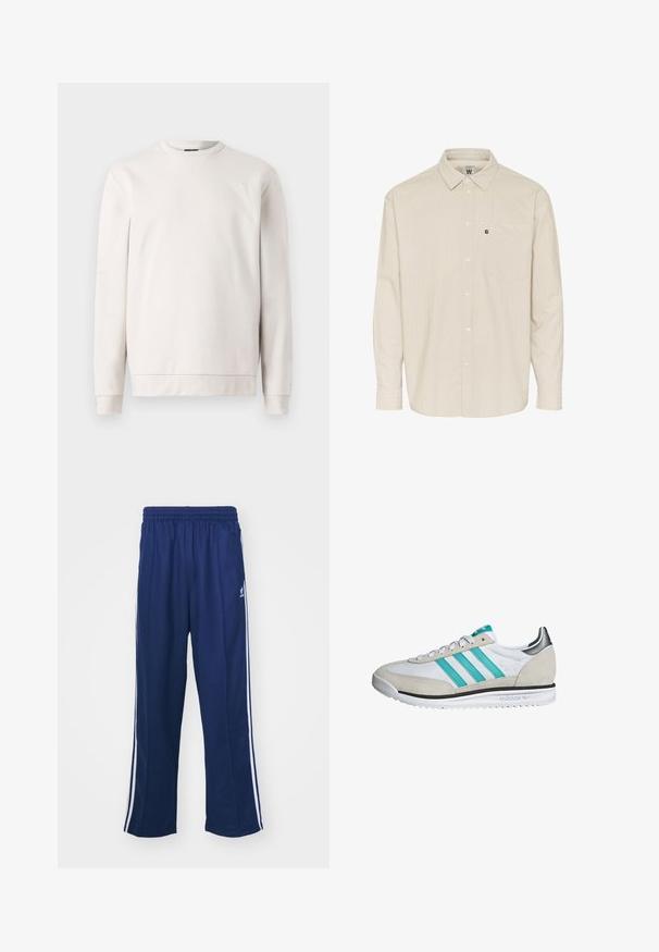 Lys grå sweatshirt lavet af blødt stof, med rund hals, lange ærmer og et subtilt logo foran. Glat tekstur og afslappet pasform.; Beige langærmet skjorte med knaplukning og krave, der har et diskret lodret stribe mønster samt en brystlomme. Designet med en afslappet pasform.; Marineblå sportbukser med en afslappet pasform, udstyret med hvide sidestativer og elastisk talje. Glat stof, ingen synlige mønstre eller hardware.; Hvide og beige Adidas SL 72 sneakers med teal-striber, hvide snørrebånd, sort mellemsål-stribe og metal-sølv hældetalje.
