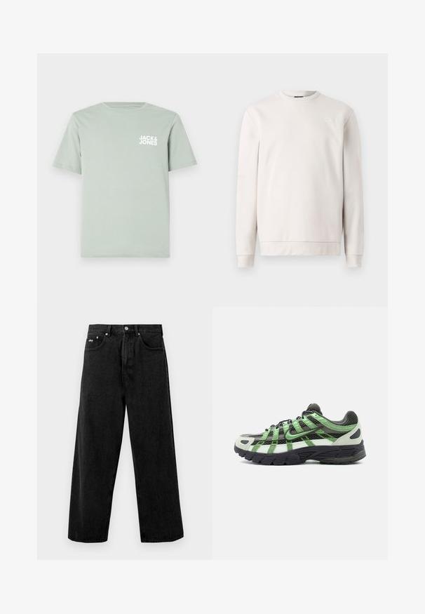 Lys grå sweatshirt lavet af blødt stof, med rund hals, lange ærmer og et subtilt logo foran. Glat tekstur og afslappet pasform.; Lys grøn t-shirt i bomuld med rund halsudskæring og korte ærmer. Har et hvidt logo "JACK & JONES" trykt på venstre bryst.; Sort bredde bukser lavet af denim, med knaplukning og frontlommer. Diskret varemærkeblik på taljebåndet. Mat tekstur.; Sort-hvid løbesko med grønne detaljer, mesh-overdel og tyk sort sål set fra siden på hvid baggrund.