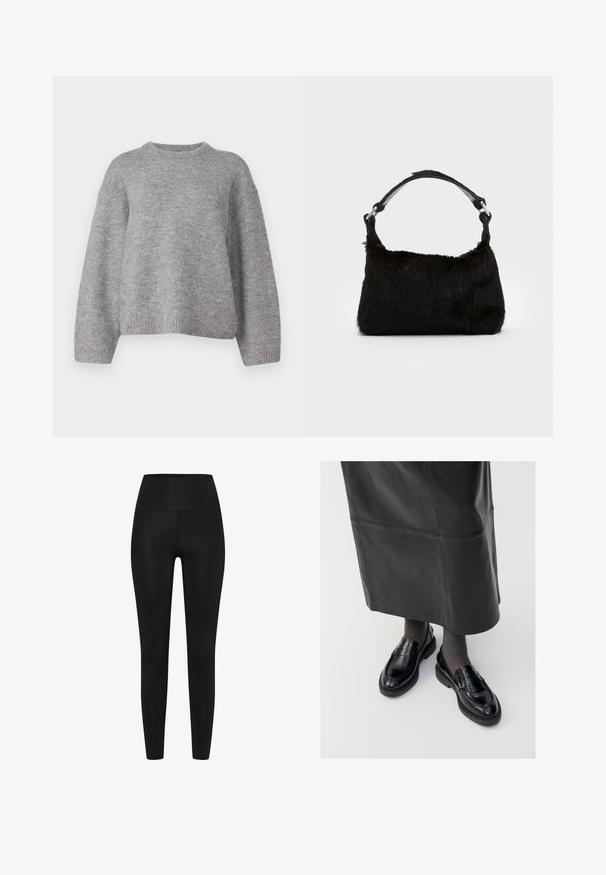 Gina Tricot CREW NECK - Jersey de punto - mid grey; Leggings negros de tela elástica. Diseño de cintura alta, textura suave, silueta ajustada, sin patrones o acentos visibles.; Mocasines de cuero negro con un acabado suave, que presentan una tira decorativa, puntera redonda y suela texturizada. Llevados con una falda larga de cuero negro.; Bolso de mano de piel sintética negra con una textura suave, forma redondeada y una resistente correa de cuero negro para el hombro. Acentos de herrajes plateados visibles.