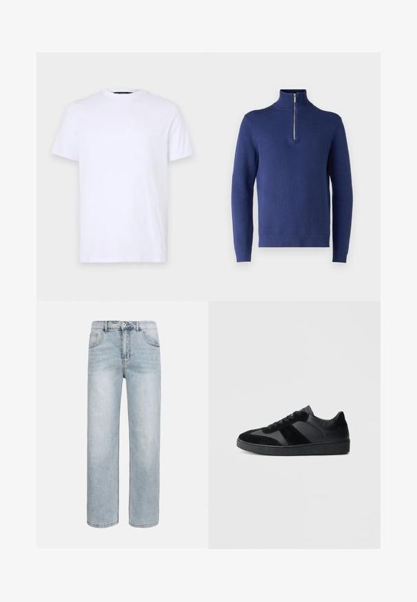Marineblå pullover sweater med høj krave og halv lynlås, der har et struktureret strikkemønster samt ribbede manchetter og afslutning.; Hvid bomulds T-shirt med korte ærmer, rund halsudskæring, med et diskret præget logo på venstre bryst, glat tekstur.; Lyseblå jeans med lige ben, forlommer, knaplukning og diskret falming på lår og knæ.; Sorte sneakers med en kombination af glat læder og ruskind, med en tekstureret sort gummisål og subtil stripingdetalje.