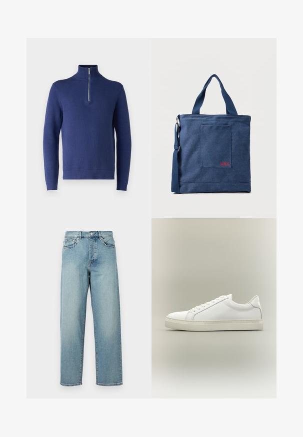 Marineblauwe trui met hoge kraag en halve ritssluiting, voorzien van een gestructureerd breipatroon en ribgebreide manchetten en zoom.; Lichtblauwe denim jeans met een losse pasvorm, rechte pijpen, een vijfzakkenontwerp en een knoopsluiting bij de taille. Minimalistische stikdetails.; Witte lage sneaker met veters aan de voorkant en dikke zool, zijaanzicht tegen een neutrale achtergrond.; Blauwe canvas tas met voorvak en rode "O.N.S" borduring, voorzien van dubbele handvatten en een verstelbare schouderriem.
