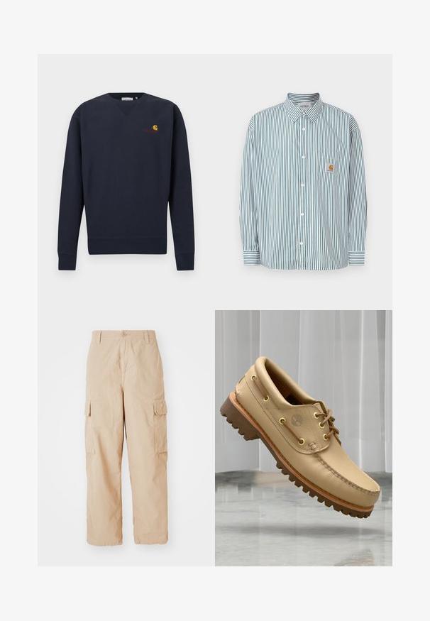 Sudadera azul marino con cuello en V, puños y bajo acanalados, con un pequeño logo de Carhartt en naranja y amarillo bordado en el pecho.; Camisa de rayas en verde y blanco, con cuello abotonado, mangas largas, bolsillo frontal y una pequeña etiqueta con logo.; Pantalones cargo beige con un corte relajado, hechos de una tela ligera, que cuentan con dos bolsillos laterales de carga y un cierre de botón en la cintura.; Zapato náutico de cuero marrón claro con suela gruesa y estriada y detalles de cordones, flotando sobre un suelo de mármol y un fondo de persianas verticales blancas.