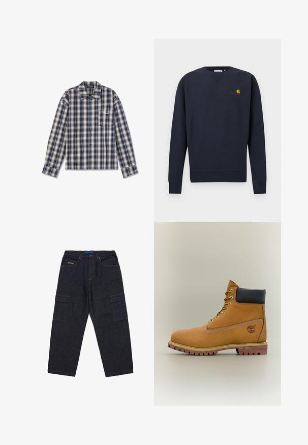Tmavomodrá mikina s výstrihom do V, rebrovanými manžetami a lemom, s malým logom Carhartt v oranžovej a žltej farbe vyšitým na hrudi.; Dlhý rukáv, károvaná košeľa v námorníckej modrej a krémovej farbe s zapínaním na gombíky, golierom a malou náprsné vreckom so bielym textom.; Tmavé denimové cargo nohavice s voľným strihom, viacerými nákladnými vreckami a kontrastným oranžovým prešitím. Viditeľný modrý páskový štítok.; Hnedá kožená členková členková obuv s čiernym golierom, žltými šnúrkami a béžovou podrážkou. Má logo a biele prešívanie. Hrubá podrážka s dobrým záberom.