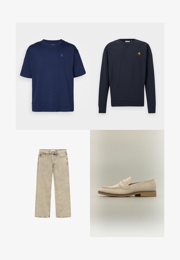 Mørkeblå sweatshirt med V-hals, ribstrikkede manchetter og kant, med en lille Carhartt-logo i orange og gul broderet på brystet.; Marineblå bomulds T-shirt med rund halsudskæring, korte ærmer og et lille, tonalt logo på brystet. Casual pasform, glat tekstur.; Beige denimjeans med lige ben, fem lommer, bæltestropper, knappelukning og synlige syninger, mærket "Wood Wood Type 2" på linningen.; Lysebeige læderloafer med lav hæl, mokkastiksøm og en remdetalje over toppen, vist i profil.