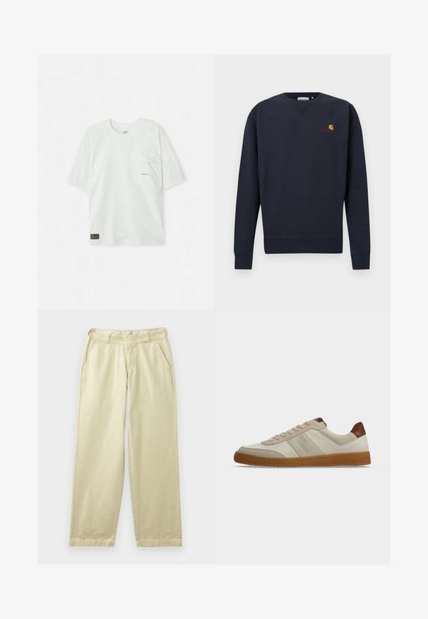 Sudadera azul marino con cuello en V, puños y bajo acanalados, con un pequeño logo de Carhartt en naranja y amarillo bordado en el pecho.; Camiseta de manga corta, de color verde claro, hecha de algodón. Presenta un bolsillo en el pecho y un pequeño logo cerca del bolsillo. Textura suave, diseño casual.; Pantalones de algodón beige con un corte relajado, que cuentan con bolsillos laterales, presillas para cinturón y piernas rectas. Textura suave con detalles mínimos de costura.; Zapatilla informal beige de corte bajo con suela marrón clara y lengüeta en el talón, cierre con cordones y detalles de ante en la puntera y los laterales.