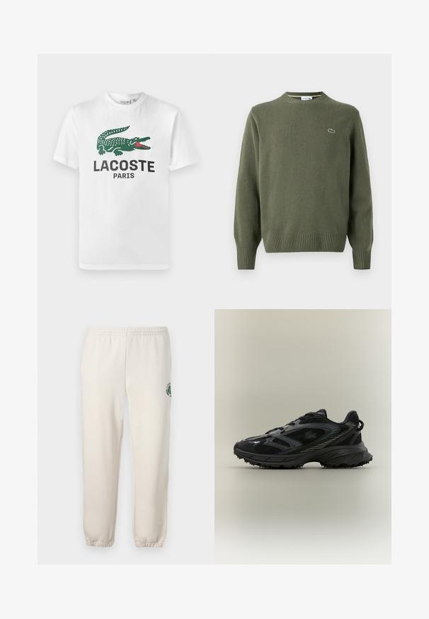 Olivovo zelený pletený sveter s okrúhlym výstrihom, rebrovanými manžetami a lemom, s malým vyšitým logom na ľavej strane hrudi.; Lacoste Tričko s potlačou - white; Svetlo béžové tepláky z bavlny s elastickým pásom, rebrovanými manžetami a zeleným logom s dizajnom listu na ľavej nohe.; Čierna športová topánka s priehľadnými panelmi, textúrovanou podrážkou, šnúrkami a zakriveným siluetom so striebornými akcentmi po stranách.