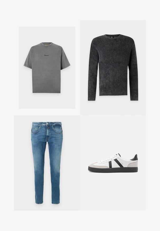 Μαύρο και γκρι πλεκτό πουλόβερ με μακριά μανίκια, στρογγυλή λαιμόκοψη, και ριμπ μανσέτες και τελείωμα.; Γκρι μπλούζα με κοντά μανίκια, στρογγυλή λαιμόκοψη και μικρό κεντητό λογότυπο "Replay Inc." κεντραρισμένο στο στήθος.; Τζιν παντελόνι σε ανοιχτό μπλε με ίσια γραμμή στο πόδι. Διαθέτει πέντε τσέπες, κουμπιά αντί για φερμουάρ και αντίθετη ραφή κατά μήκος των ραφών.; Λευκό αθλητικό παπούτσι με μαύρες και γκρί λεπτομέρειες, featuring ένα υφή γκρί καλύμμα δαχτύλου, μαύρη καουτσούκ σόλα και επίπεδες λευκές κορδόνες. Καθαρός σχεδιασμός, μινιμαλιστικό στυλ.