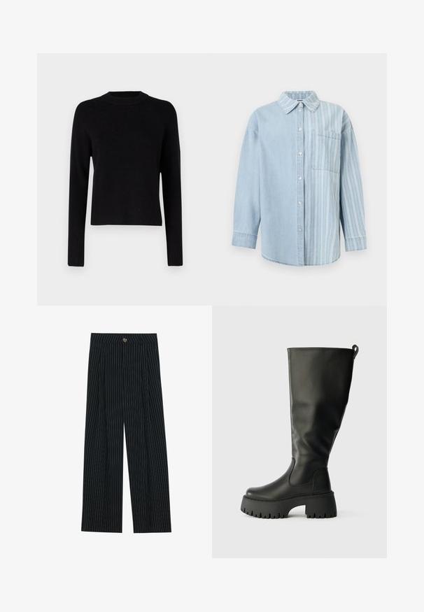 Suéter negro de canalé con escote redondo y mangas largas. Presenta un corte ligeramente corto y una tela texturizada, que ofrece un ajuste ceñido.; Camisa de mezclilla azul claro con mangas largas, botones al frente, diseño dividido: sólido en el lado izquierdo y rayas verticales blancas en el lado derecho con bolsillo en el pecho.; Pantalones de pierna ancha a rayas negras, fabricados con una tela texturizada, que cuentan con un cierre frontal de botón y un diseño plisado para mayor interés.; Botas de goma negras hasta la rodilla con una suela de tracción gruesa, textura suave y una lengüeta en la parte posterior para un fácil uso. Diseño de punta redonda.