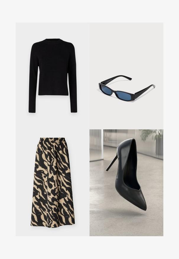 Suéter negro de canalé con escote redondo y mangas largas. Presenta un corte ligeramente corto y una tela texturizada, que ofrece un ajuste ceñido.; Falda de estampado animal beige y negro con cintura elástica, de largo midi y tela fluida.; Zapato de tacón alto de cuero negro con punta afilada, diseño elegante y sin herrajes visibles. Textura suave y estilo minimalista.; Gafas de sol negras con una elegante montura rectangular y lentes azules. Presentan una textura suave y varillas resistentes. Logo de la marca en el costado.