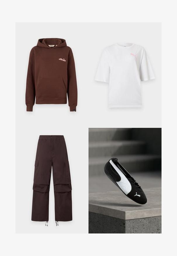 Sweat à capuche marron ellesse avec poche avant, poignets élastiques et petit logo rose sur le côté gauche de la poitrine, sur fond uni.; T-shirt blanc à manches courtes avec col rond, présentant un petit logo Puma rose sur le côté gauche de la poitrine.; Pantalons cargo marron foncé avec une taille élastique, deux poches latérales et des ourlets à cordon de serrage. Fabriqués à partir d'un tissu résistant avec une coupe décontractée.; Baskets Puma noir et blanc avec lacets flottant au-dessus d'un rebord en béton sur un fond flou d'escaliers gris.