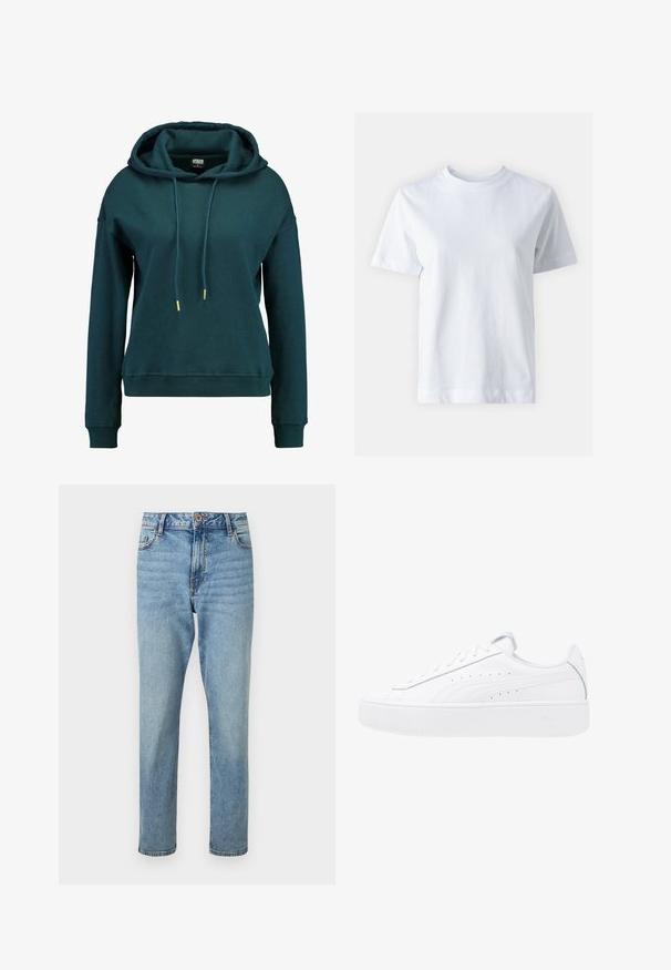 Sweat à capuche bleu canard avec une grande capuche, des cordons de serrage, des manches et un ourlet côtelés. Fabriqué en matériau doux avec un design simple et décontracté.; T-shirt en coton blanc avec un col rond, manches courtes, coupe droite et texture lisse. Sans motifs ni embellissements.; Jean bleu clair taille haute, coupe droite, avec fermeture par bouton et zip à l'avant, poches avant et détails subtilement délavés.; Baskets plateformes blanches avec tige en cuir, bout rond et fermeture à lacets. Présente des perforations sur les côtés et un logo discret au niveau du talon.