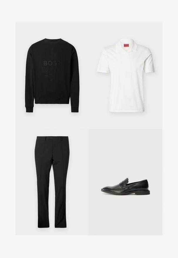 Schwarzer Pullover mit Rundhalsausschnitt, gerippten Bündchen und Saum, mit einem strukturierten "BOSS"-Logo und einem filigranen Design in einem passenden dunklen Farbton.; Weißes Polohemd mit kurzen Ärmeln, einem umgeschlagenen Kragen und einem roten HUGO Markenlabel im Nackenbereich.; Schwarze maßgeschneiderte Hose mit Gürtelschlaufen, vorderer Bügelfalte und geradem Beinaufschnitt auf einem schlichten weißen Hintergrund.; Schwarze Lederlofer mit glatter Oberfläche, spitzer Zehenform und niedrigem rechteckigen Absatz. Mit horizontalem Riemen-Detail über dem Obermaterial.