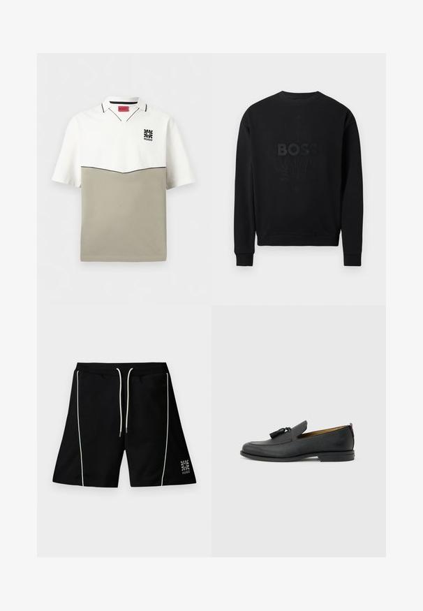 Sweat-shirt noir avec col rond, poignets et ourlet côtelés, présentant un logo "BOSS" texturé et un motif complexe dans une teinte sombre assortie.; Polo manches courtes avec moitié supérieure blanche, moitié inférieure beige, bordure noire et petit logo floral noir avec texte "HUGO" sur la poitrine.; Short noir avec passepoil vertical blanc, cordon blanc à la taille élastique et petit logo Hugo près de l'ourlet inférieur sur la jambe droite.; Mocassin pour homme en cuir noir avec pompons, bout arrondi, petit talon et languette à l'arrière, présenté de profil sur un fond gris clair.