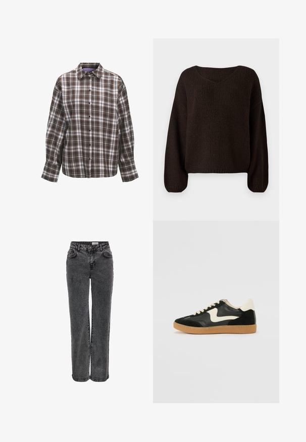 Brun strikket sweater med V-hals, oversized pasform og lange ærmer. Tekstureret stof med ribbet mønster. Forkortet længde.; Brun og hvid ternet skjorte med krave, lange ærmer og knaplåsning foran. Har et tjekkermønster med varierende stripebredder og tekstur.; Sorte denimjeans med lige ben, der har forlommer, bæltestropper og en subtil, falmet tekstur.; Sorte ruskinds- og lædersneakers med en cremefarvet side-swoosh og lys cremefarvet hæl. Har beige snørebånd og en gummirubber-sål.
