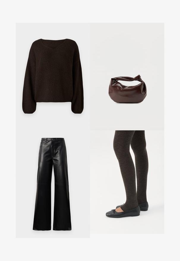 Pull en laine marron avec un col en V, coupe oversized et manches longues. Tissu texturé avec un motif en côtes. Longueur cropped.; Pantalons larges en faux cuir noire taille haute avec bouton avant, fermeture éclair, passants de ceinture et poches latérales sur fond blanc.; Jambes portant des leggings côtelés foncés associés à des ballerines noires avec de petits détails en nœud sur fond blanc.; Sac bandoulière en cuir marron foncé avec une forme souple et décontractée et une anse nouée torsadée sur un fond blanc uni.
